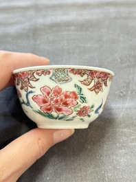 Six sets of Chinese famille rose cups and saucers, Yongzheng/Qianlong