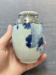 A Chinese blue and white Dutch silver-mounted tea caddy and cover, Kangxi