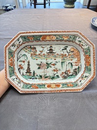 A Chinese famille verte dish and a blue and white dish, Kangxi/Qianlong