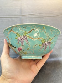 A Chinese turquoise-ground grisaille-decorated Dayazhai-style bowl and a libation cup, Yong Qing Chang Chun 永慶長春 mark, 19th C.