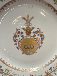 Two Chinese armorial plates and a saucer with the arms of Zur Megede, Rhenius and Chute, Qianlong