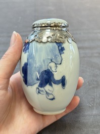 A Chinese blue and white Dutch silver-mounted tea caddy and cover, Kangxi