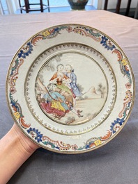 A fine pair of Chinese famille rose 'Autumn' plates with troubadours, Qianlong