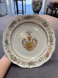 Two Chinese armorial plates and a saucer with the arms of Zur Megede, Rhenius and Chute, Qianlong