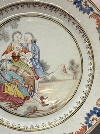 A fine pair of Chinese famille rose 'Autumn' plates with troubadours, Qianlong