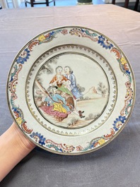 A fine pair of Chinese famille rose 'Autumn' plates with troubadours, Qianlong