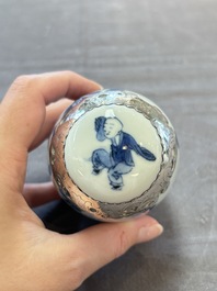 A Chinese blue and white Dutch silver-mounted tea caddy and cover, Kangxi