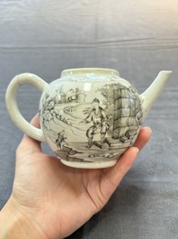 A Chinese grisaille teapot and cover with figural design, Qianlong