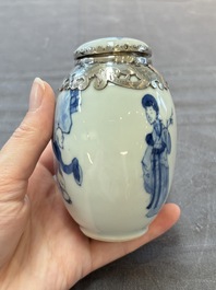 A Chinese blue and white Dutch silver-mounted tea caddy and cover, Kangxi