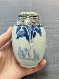 A Chinese blue and white Dutch silver-mounted tea caddy and cover, Kangxi