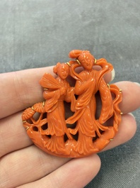 Two Chinese red coral 14kt gold-mounted brooches, 19/20th C.