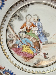 A fine pair of Chinese famille rose 'Autumn' plates with troubadours, Qianlong