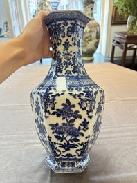 A Chinese blue and white hexagonal vase with floral design, Qianlong mark and of the period