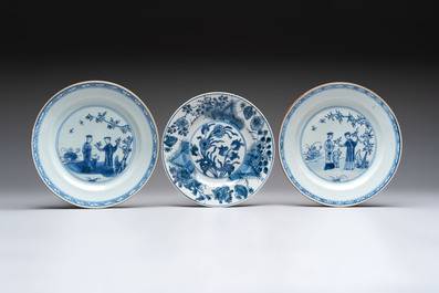 12 Chinese blue and white plates with figural and floral design, 18th C.