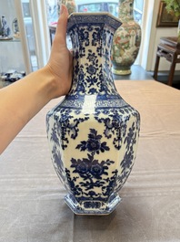 A Chinese blue and white hexagonal vase with floral design, Qianlong mark and of the period