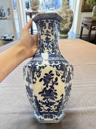 A Chinese blue and white hexagonal vase with floral design, Qianlong mark and of the period