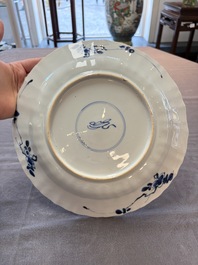 Three Chinese blue and white dishes with figural design, Kangxi