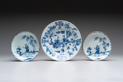 12 Chinese blue and white plates with figural and floral design, 18th C.