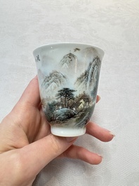 A fine Chinese famille rose 'Mountainous Landscape' cup on a silver stand, signed Zhang Zhitang 張志湯, dated 1942