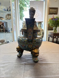 A Chinese cloisonn&eacute; tripod censer and cover, 19th C.