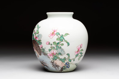 Two Chinese famille rose vases with birds and flowers, Qianlong mark, Republic