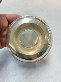 A fine Chinese famille rose 'Mountainous Landscape' cup on a silver stand, signed Zhang Zhitang 張志湯, dated 1942