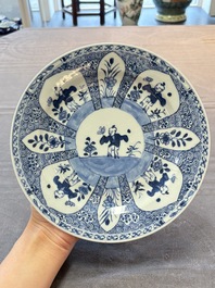 Nine Chinese blue and white plates with figural design, 18th C.