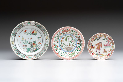 17 Chinese famille rose, Imari-style and European-decorated plates and saucers, Kangxi/Qianlong