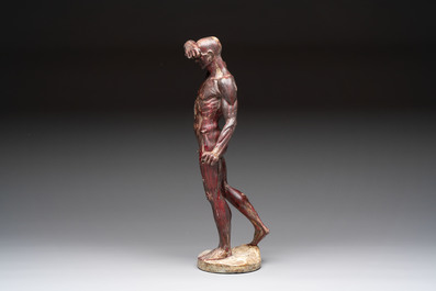 A French polychrome plaster anatomical '&eacute;corch&eacute;' figure after Jean Antoine Houdon (1741-1828), 19th C.