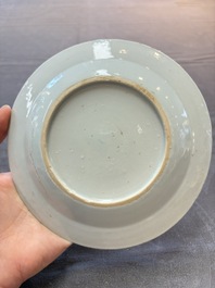 Nine Chinese blue and white plates with figural design, 18th C.