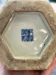 A Chinese blue and white hexagonal vase with floral design, Qianlong mark and of the period