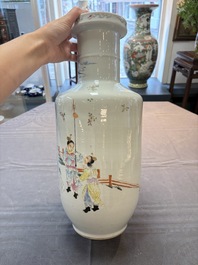 A pair of fine Chinese famille rose 'Guo Ziyi 郭子儀' rouleau vases, Qianlong mark, 19th C.