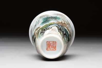 A fine Chinese famille rose 'Mountainous Landscape' cup on a silver stand, signed Zhang Zhitang 張志湯, dated 1942