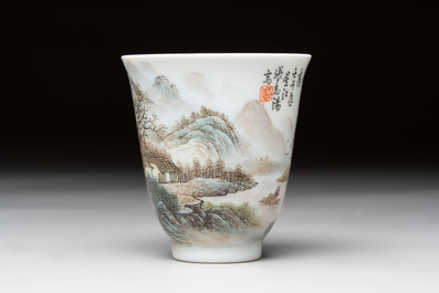 A fine Chinese famille rose 'Mountainous Landscape' cup on a silver stand, signed Zhang Zhitang 張志湯, dated 1942
