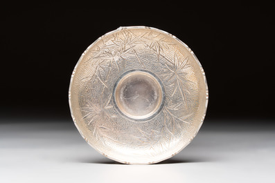 A fine Chinese famille rose 'Mountainous Landscape' cup on a silver stand, signed Zhang Zhitang 張志湯, dated 1942