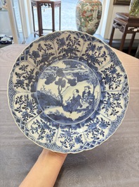 Three Chinese blue and white dishes with figural design, Kangxi