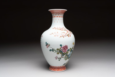 Two Chinese famille rose vases with birds and flowers, Qianlong mark, Republic