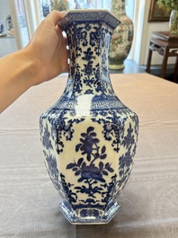 A Chinese blue and white hexagonal vase with floral design, Qianlong mark and of the period
