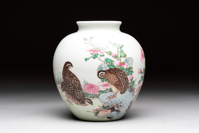 Two Chinese famille rose vases with birds and flowers, Qianlong mark, Republic