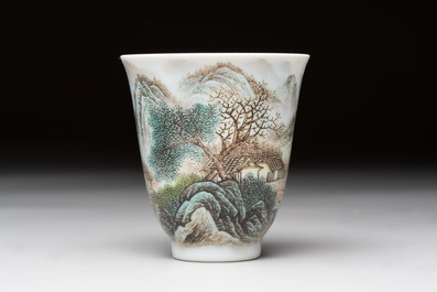 A fine Chinese famille rose 'Mountainous Landscape' cup on a silver stand, signed Zhang Zhitang 張志湯, dated 1942