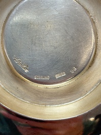 A fine Chinese famille rose 'Mountainous Landscape' cup on a silver stand, signed Zhang Zhitang 張志湯, dated 1942