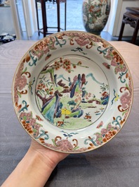 Three Chinese famille rose plates with figural and landscape design, Yongzheng/Qianlong