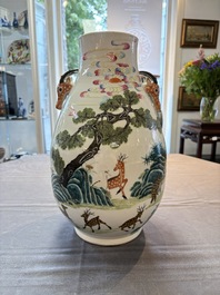 A fine Chinese famille rose 'hu' 'deer and monkey' vase, 19th C.