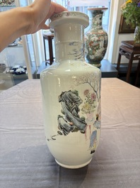 A pair of fine Chinese famille rose 'Guo Ziyi 郭子儀' rouleau vases, Qianlong mark, 19th C.