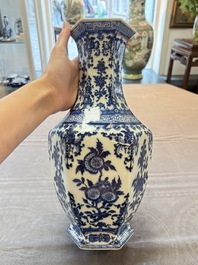 A Chinese blue and white hexagonal vase with floral design, Qianlong mark and of the period