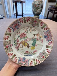 Three Chinese famille rose plates with figural and landscape design, Yongzheng/Qianlong