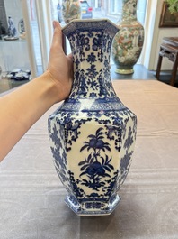 A Chinese blue and white hexagonal vase with floral design, Qianlong mark and of the period