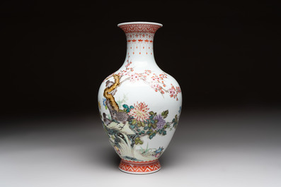 Two Chinese famille rose vases with birds and flowers, Qianlong mark, Republic