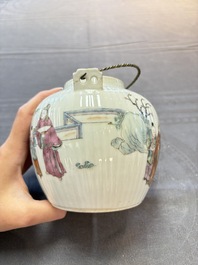 A Chinese famille rose covered teapot and a pair of Samson wall pocket vases, Tongzhi mark, 19th C.
