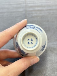 A pair of Chinese blue and white 'Elegant Beauty and Boy' cups and saucers, Chenghua mark, Kangxi